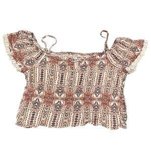 Adam Levine Blouse Women’s XL Cropped Boho Lace Trim Ruffle Sleeve Adjust Straps